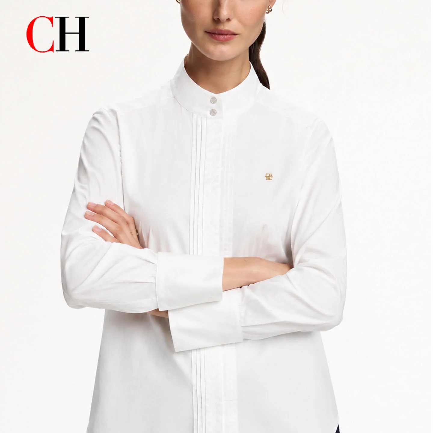 CH Women's White Stand Collar Shirt Long Sleeve Pleated Front Slim Fit Office Blouse Elegant Business Workwear Top image 3