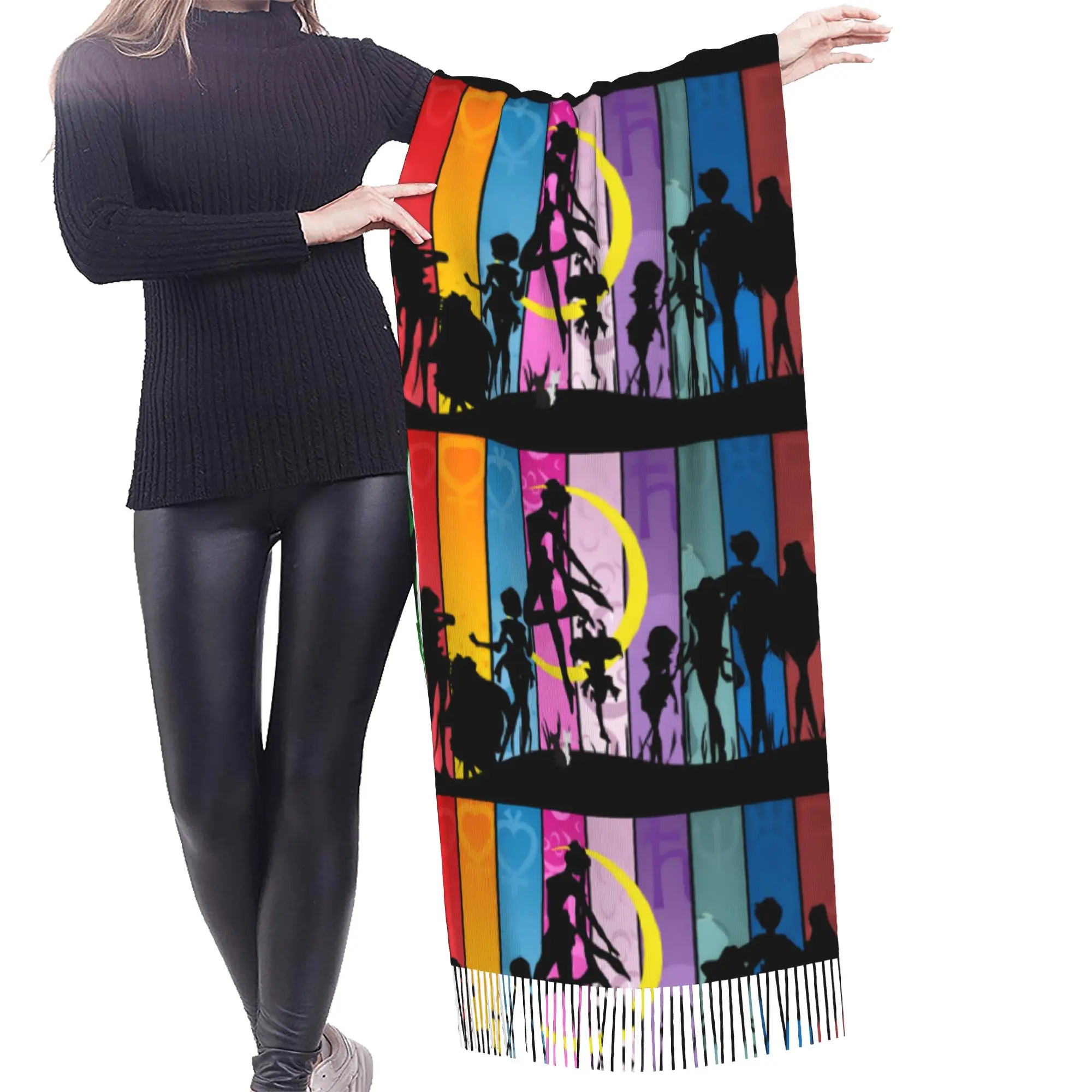 Custom Sailored Manga Anime Mooned Tassel Scarf Women Soft Usagi Tsukino Shawl Wrap Female Winter Fall Scarves