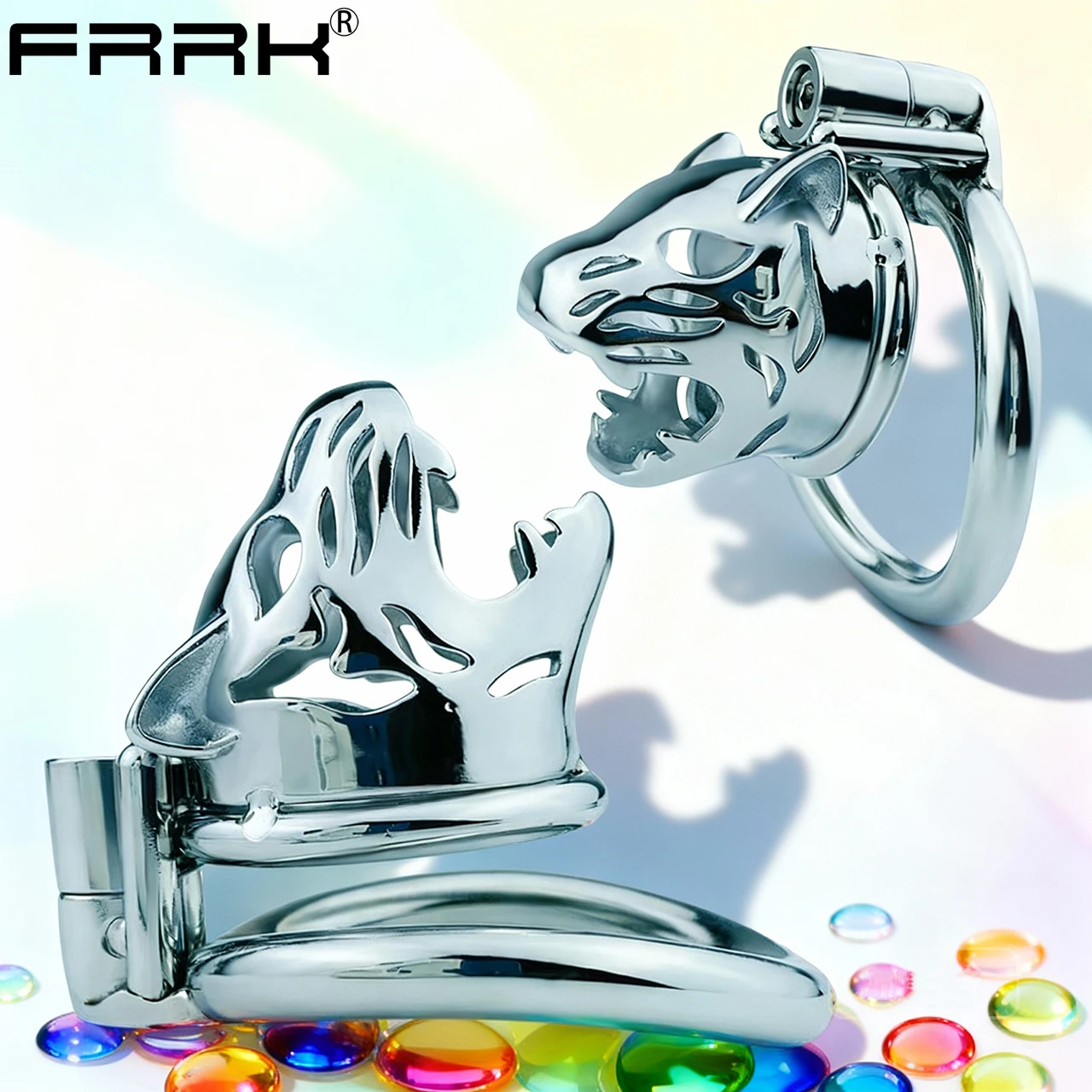 FRRK Adult Abstinence Restraint Tiger-Head Design Chastity Device with Elastic Belt Metal Anti-Slip Ring Male Fetish Game Toy18+