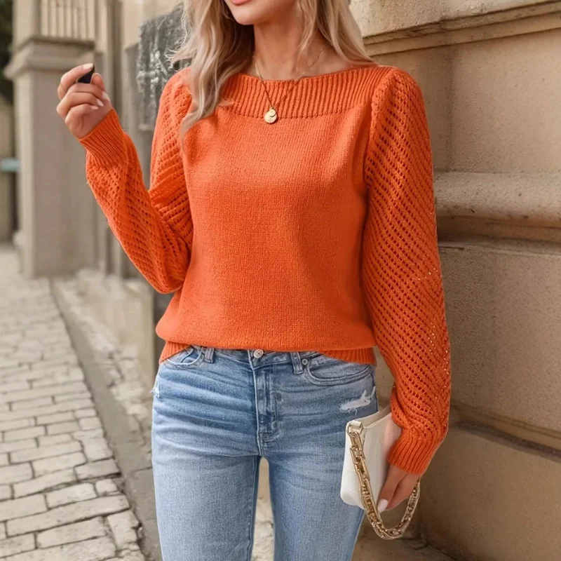 

Spring and Autumn Knitted Sweater Women's Elegant Round Neck Orange Hollow Long Sleeve Top
