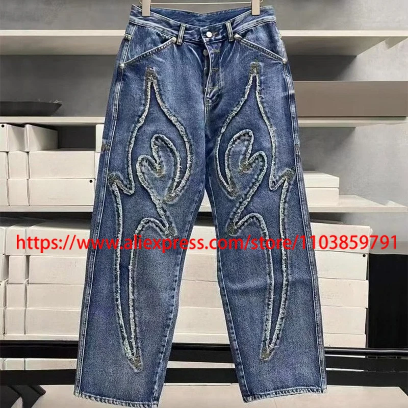 

Retro Trendy Thug Club Straight-leg Jeans High Quality Patchwork Scythe Pattern Metal Design Hip Hop Thug Club Jeans