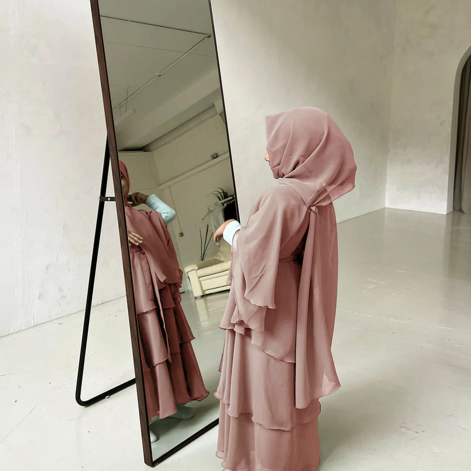 Mousseline de soie volants Abaya filles femmes ouvert Kimono Abayas robe musulmane turquie caftan Caftan Jalabiya vêtements islamiques Marocain Femme