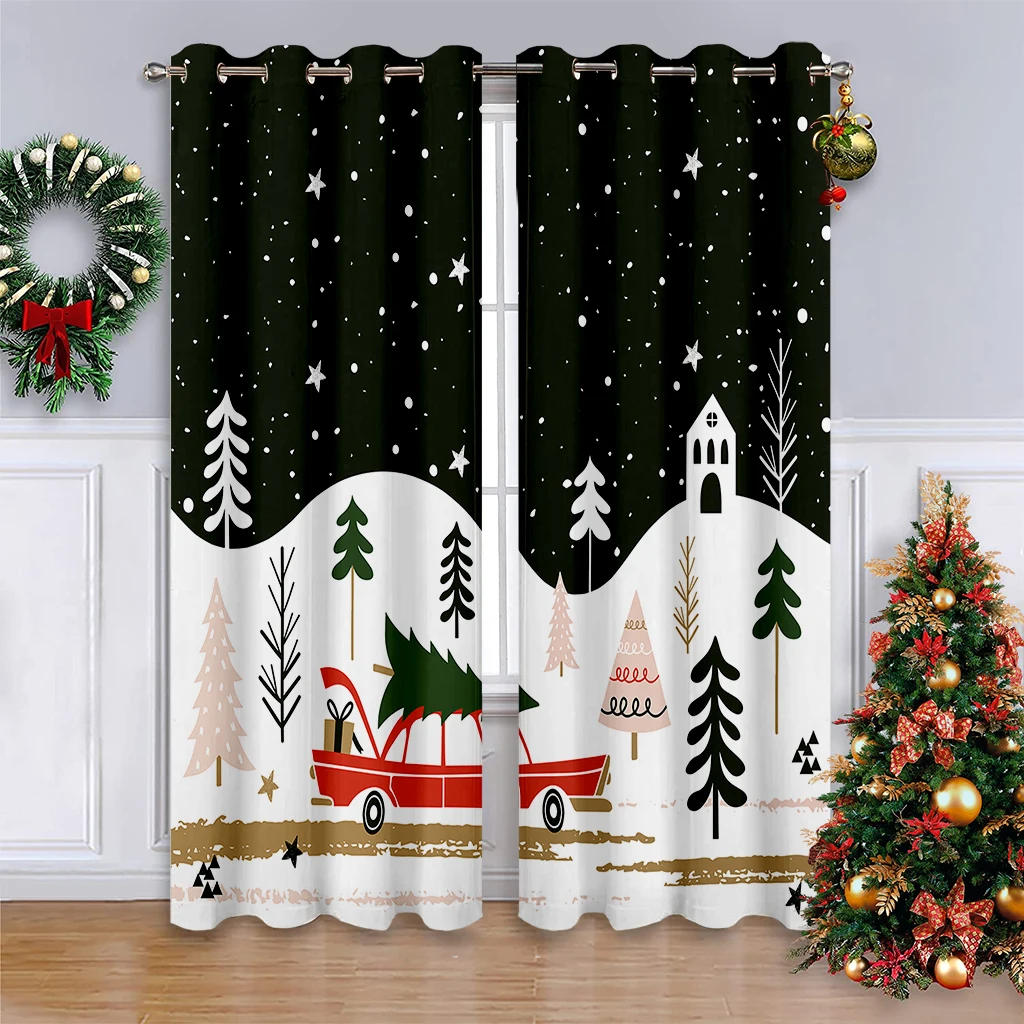 2pcs Curtains Featuring A Cartoon Christmas Tree And Car Print; Christmas-Themed Decorative Curtains For Children's Rooms.
