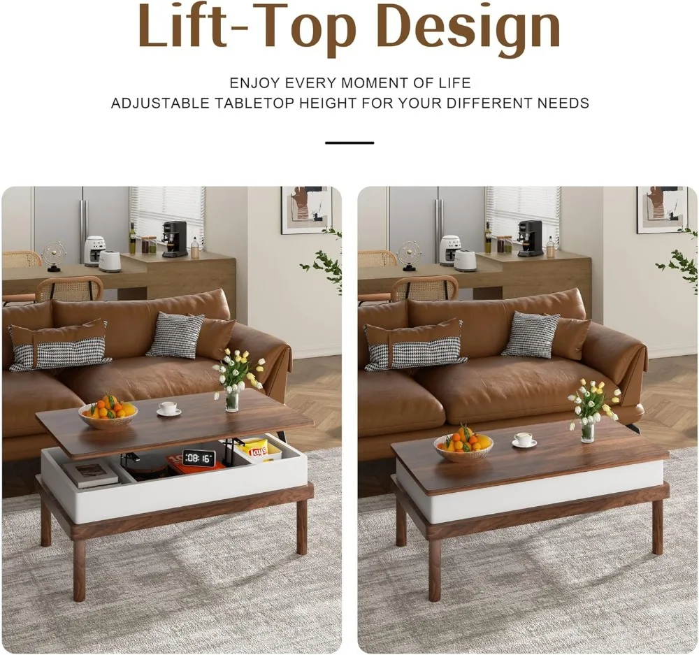 隠し収納付きリフトトップコーヒーテーブル、リビングルーム、オフィス、家庭用の昇降式テーブルトップ、ウォールナット仕上げ