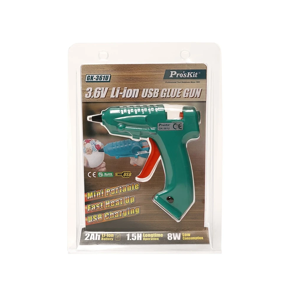 Pro'sKit-3.6V 2000mAh 8W USB 리튬 이온 핫 멜트 글루 건, 접착제 스틱 가정용 DIY 및 메이커