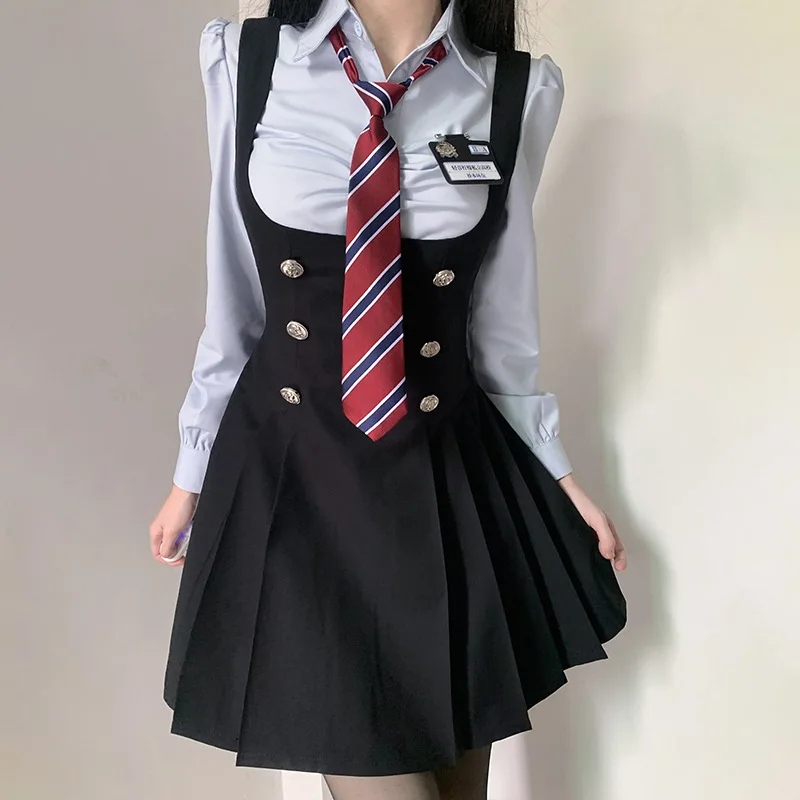 JK Vita alta Cintura dimagrante Ragazza piccante Camicia a maniche lunghe Bretelle nere Abito Set uniforme scolastica per le donne Estate