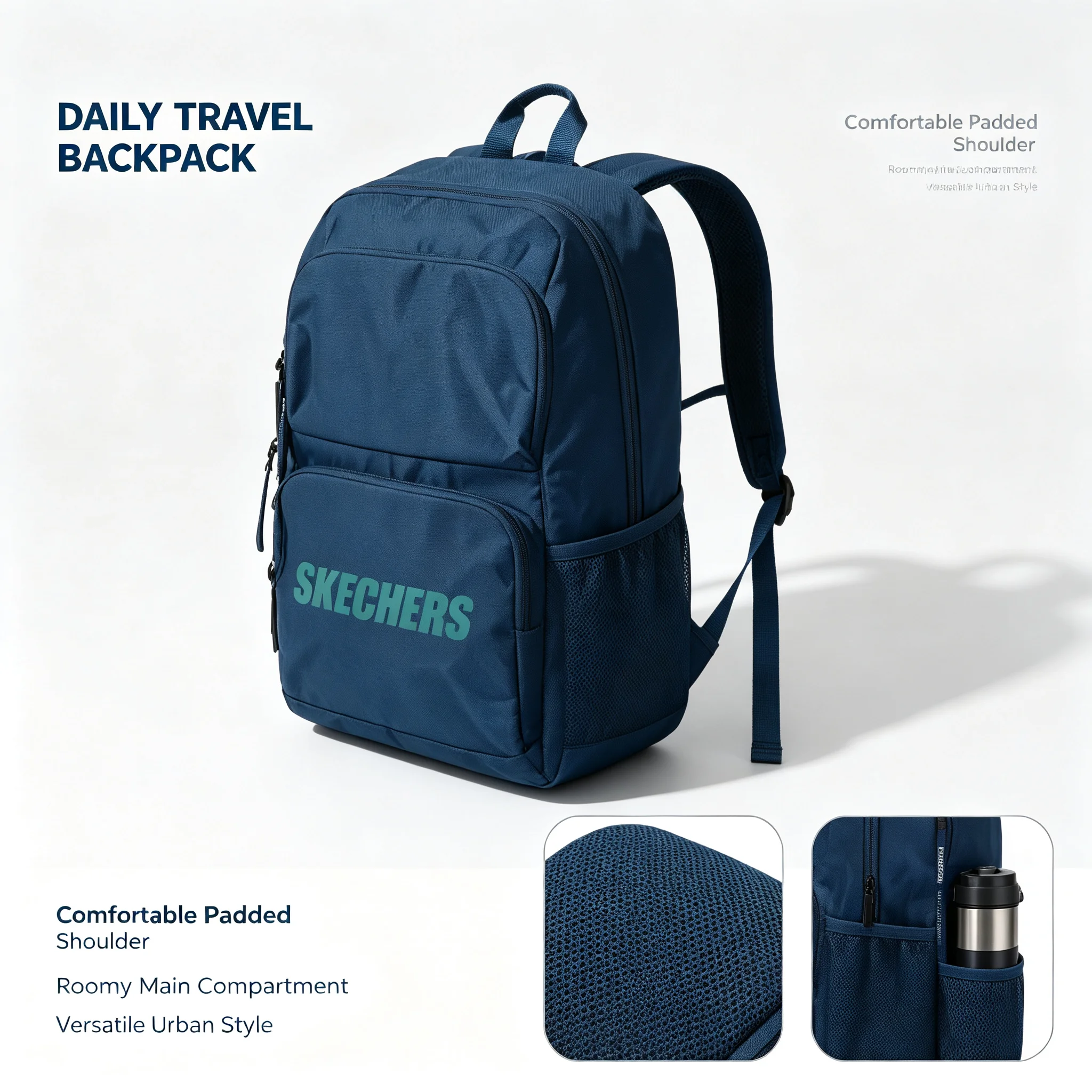 

SKECHERS Blue Backpack Men Women School Travel Daily Bag Large Capacity Multi-Pocket Durable Polyester Shoulder Bag P225U127-03K