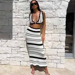 Knitted Striped Contrasting Colors Beach Skirt Set Sexy Backless Slim Bohemian Women Outfits Fashion Two Piece Matching Set 2024