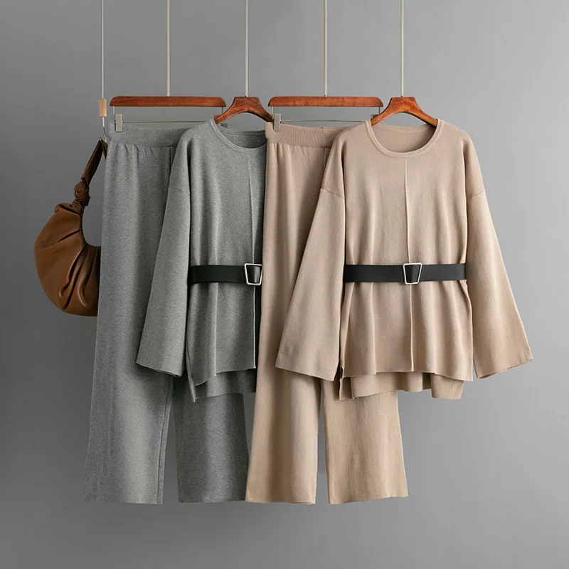

Fashion Set Women's Autumn/Winter Suit New O-neck Long Sleeve Knit Long Split Pullover+Elastic Waist Pants 2-piece Set with Belt