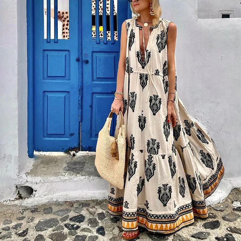 2024 Summer New Bohemian Dress Women Deep V Neck Printed Long Skirt Loose Sleeveless Lace Up Dress Lady Casual Vacation Style