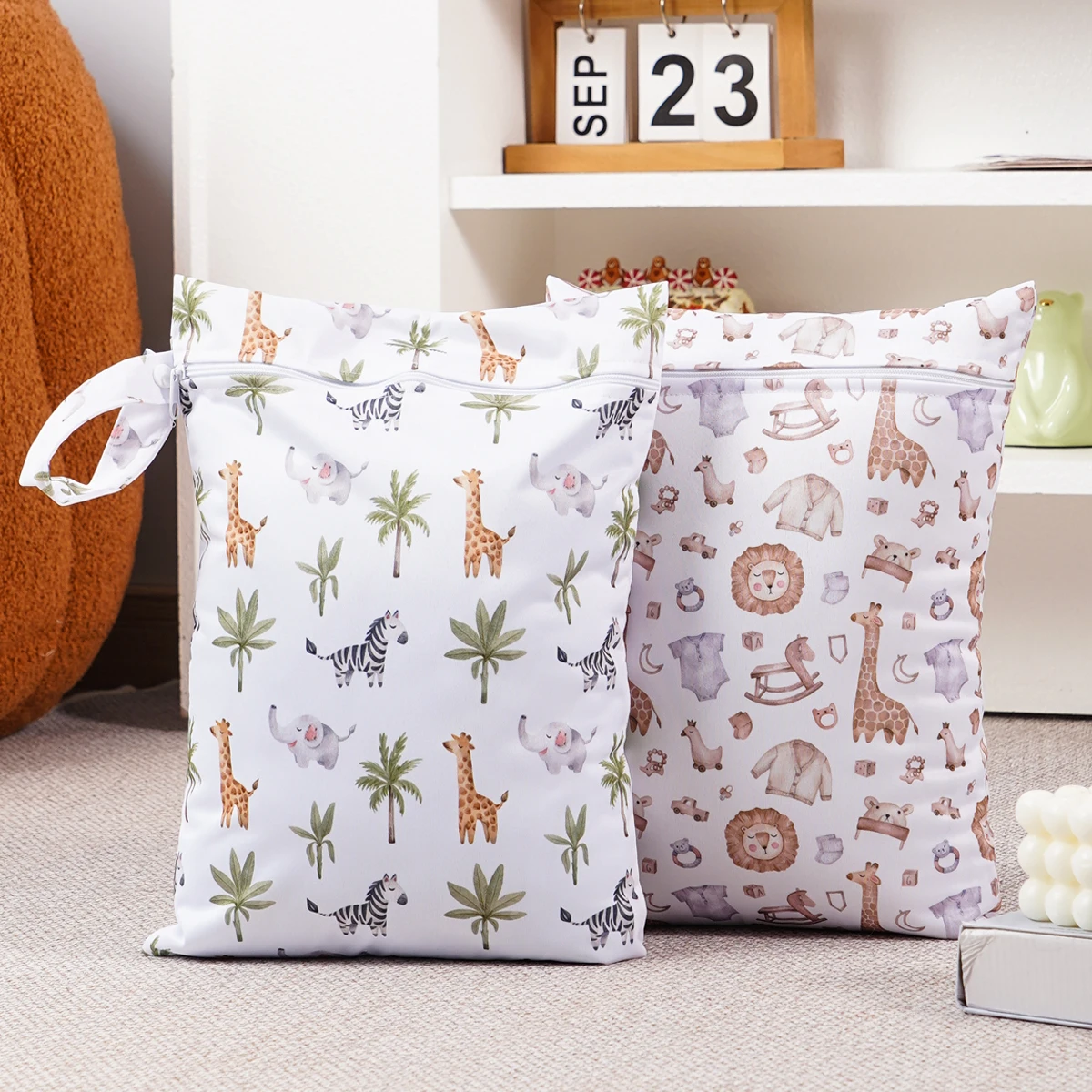 HappyFlute-Conjunto de 2 unidades con estampado combinado, bolsa de bolsillo con cremallera, diseño a presión, reutilizable, impermeable, multifunción, 26x36CM