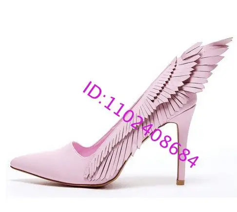 High Quality Pink Suede Wings Designs High Heel Shoes Sexy Pointed Toe Woman Pumps Slip-On Dress Shoes Stiletto Heels
