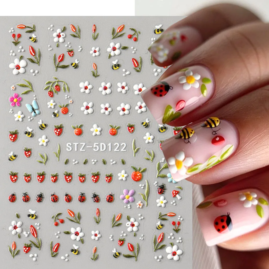 5D carino margherita ape coccinella adesivi per unghie in rilievo floreale cartone animato nail art decalcomanie primavera estate cursori adesivi manicure