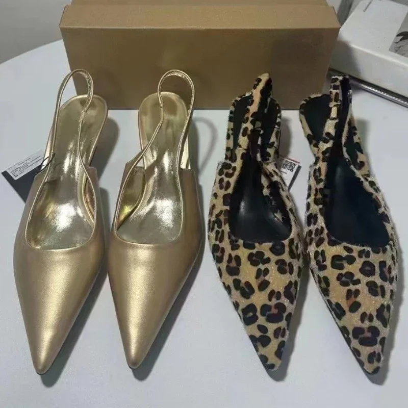 Women\'s Sandals 2026 Summer Footwear Pointed Toe Mid Heels Fashion Designer Leopard Print Large Size Dress Party Ladies Shoes