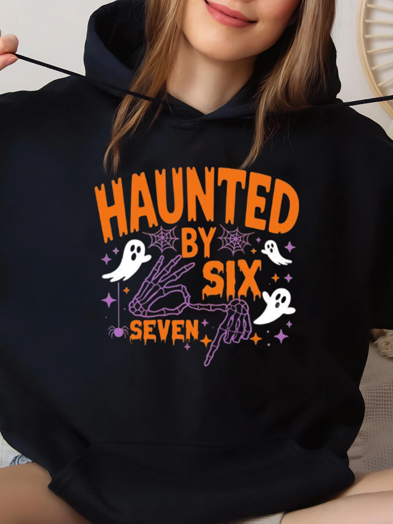 

Толстовка с принтом «Привидения шесть семи призраков» на Хэллоуин, женская повседневная одежда для вечеринок, черный большой размер