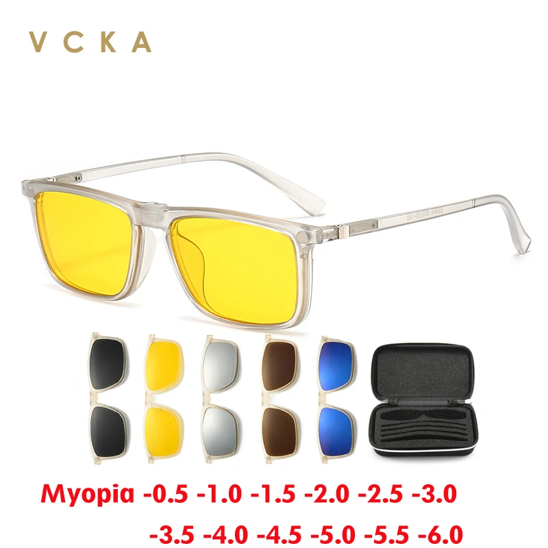 VCKA 1+5 Magnetic Polarized Myopia EyeglassesTransparent Frame Square Driving Optical Prescription Glasses Men Women -0.5~-6.0