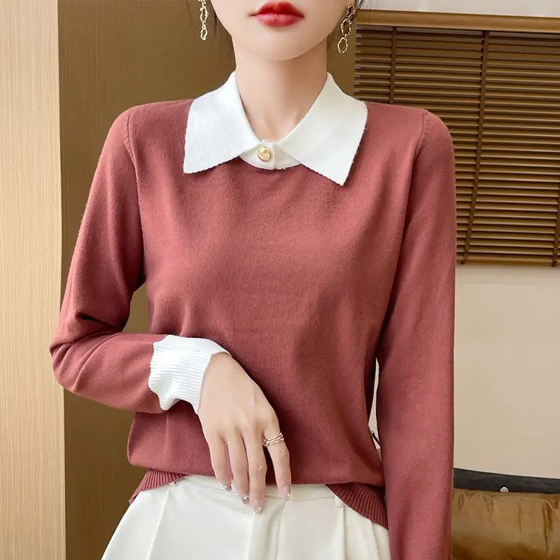 

Women Korean Fashion Contrast Color Sweet Chic Knitted Sweater Spring Autumn Elegant Polo Collar Long Sleeve Basic Pullover Tops