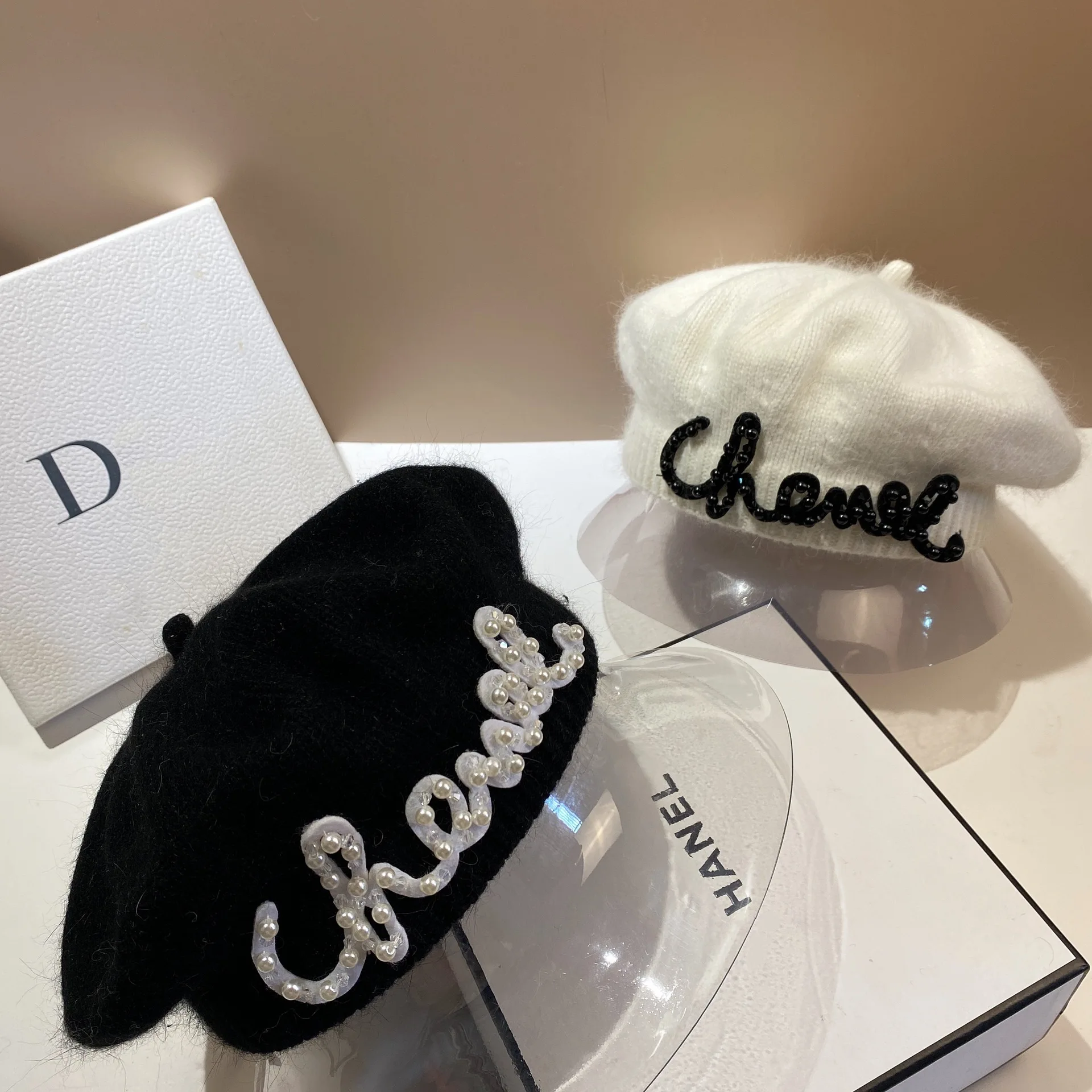 Pearl-Lettered Rabbit Fur Beanie Fall/Winter New Style Warm Fuzzy Knit Painter's Beret With Trendy Octagonal Design