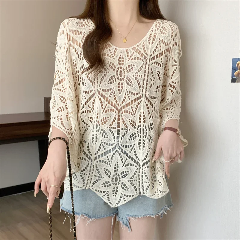 

Loose Lace Tees French Hollow Hook Flower Beach Vacation Shawl Sunscreen Shirt Thin Woolen Knitted Tops