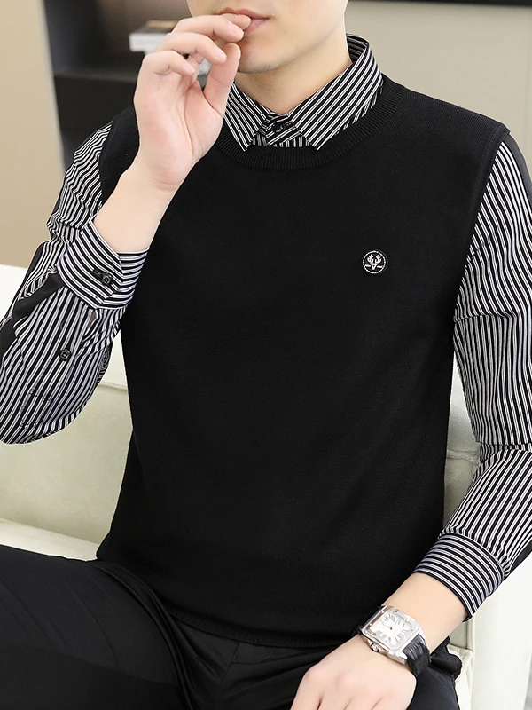 

High Quali Knitted Men's Sweater Fake Two-Piece with Collar One-Piece Casual Sle Polyester Viscose Spandex Winter Thiened