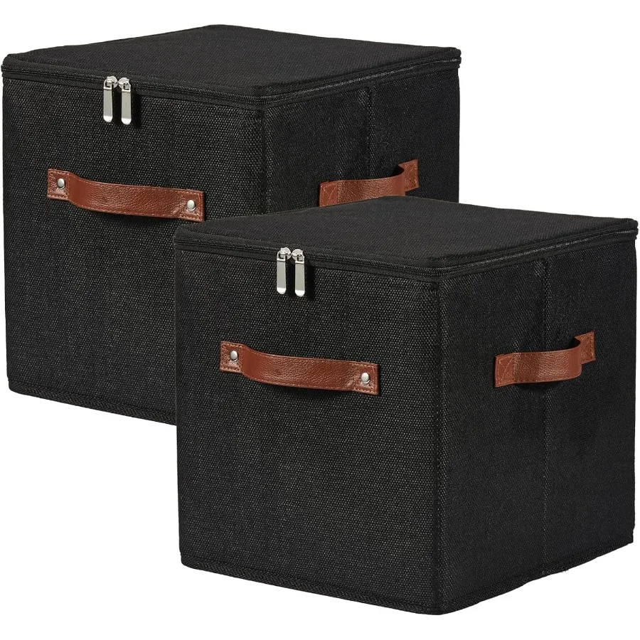 

2PCS Storage Cubes with Lid Fabric Storage Bins Boxes PU Leather Handles Cn Linen Closet Organizer Container Drative Foldable W