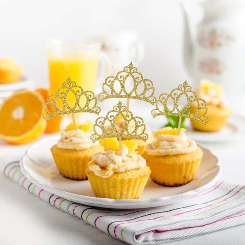 YOMDID 24Pcs Princess Crown Cupcake Toppers Glitter Crown Toppers Gold Crown Cake Toppers Bridal Wedding Birthday Party Supplies