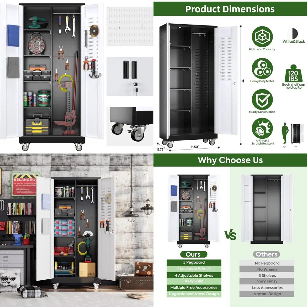 Металлический гаражный шкаф для хранения вещей с дверцами, регулируемыми полками, колесами и перфорированной доской для эффективной организации