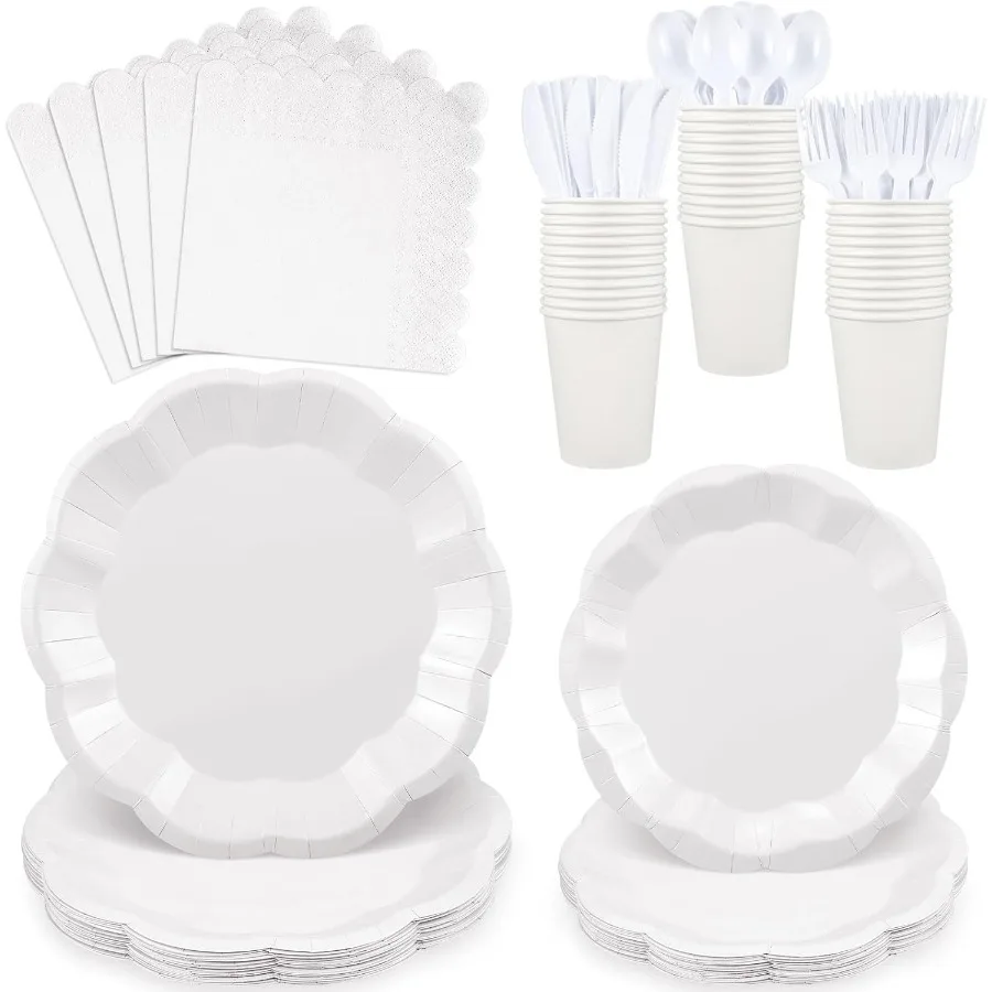 

175 Pcs White Plates and Napkins Set for 25 Guests: Scalloped Disposable Paper Plates Matching Napkins Cups Forks and Knives Id