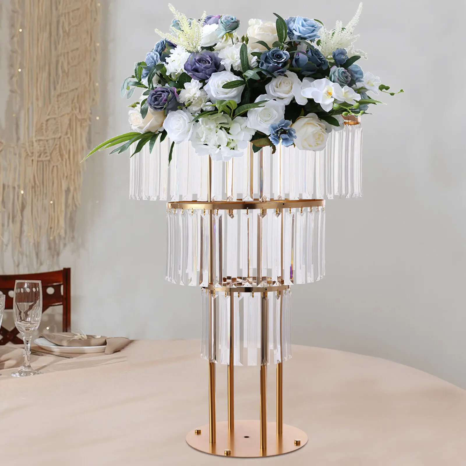 3-Tier Gold Crystal Flower Stand for Weddings Parties Crystal Flower Stands Modern Round Pedestal with Strong Load Capacity