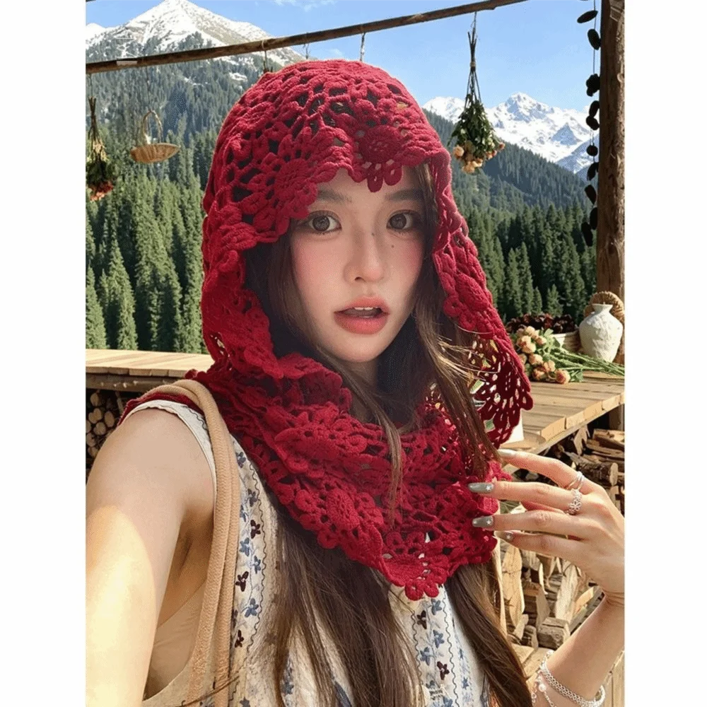 Sweet Hollow Out Retro Knitted Hat Handmade Thin Pullover Beanie Multi-use Face Slimming Hooded Scarf Holiday Wear