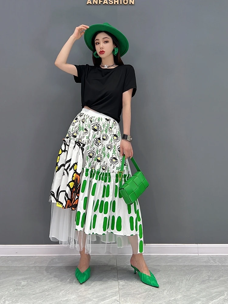 SuperAen 2022 Summer New Fashion Casual Printing Mesh Splicing Big Swing Casual A-LINE Skirts Womens