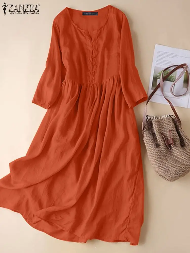 ZANZEA-A-خط فستان قميص نصف كم للنساء ، عارضة فضفاض جيب فستان الشمس ، فضفاض رداء طويل ، فستان الشاطئ الأبيض ، عطلة ، أحادي اللون ، الصيف