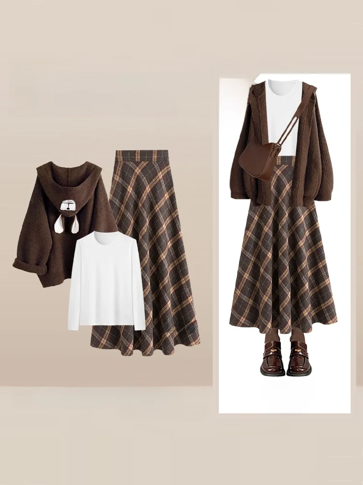 

Комплект из вязаной юбки в клетку и топа для женщин: осенне-зимний повседневный костюм, включая шапку, базовый цвет