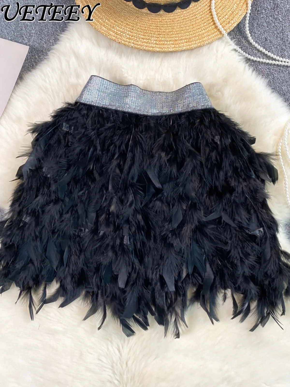 

Ladies High-End Niche Birthday Party Skirt Female Sweet Heavy Industry Fairy Feather Stitching Bubble Skirts Summer Black Skirt