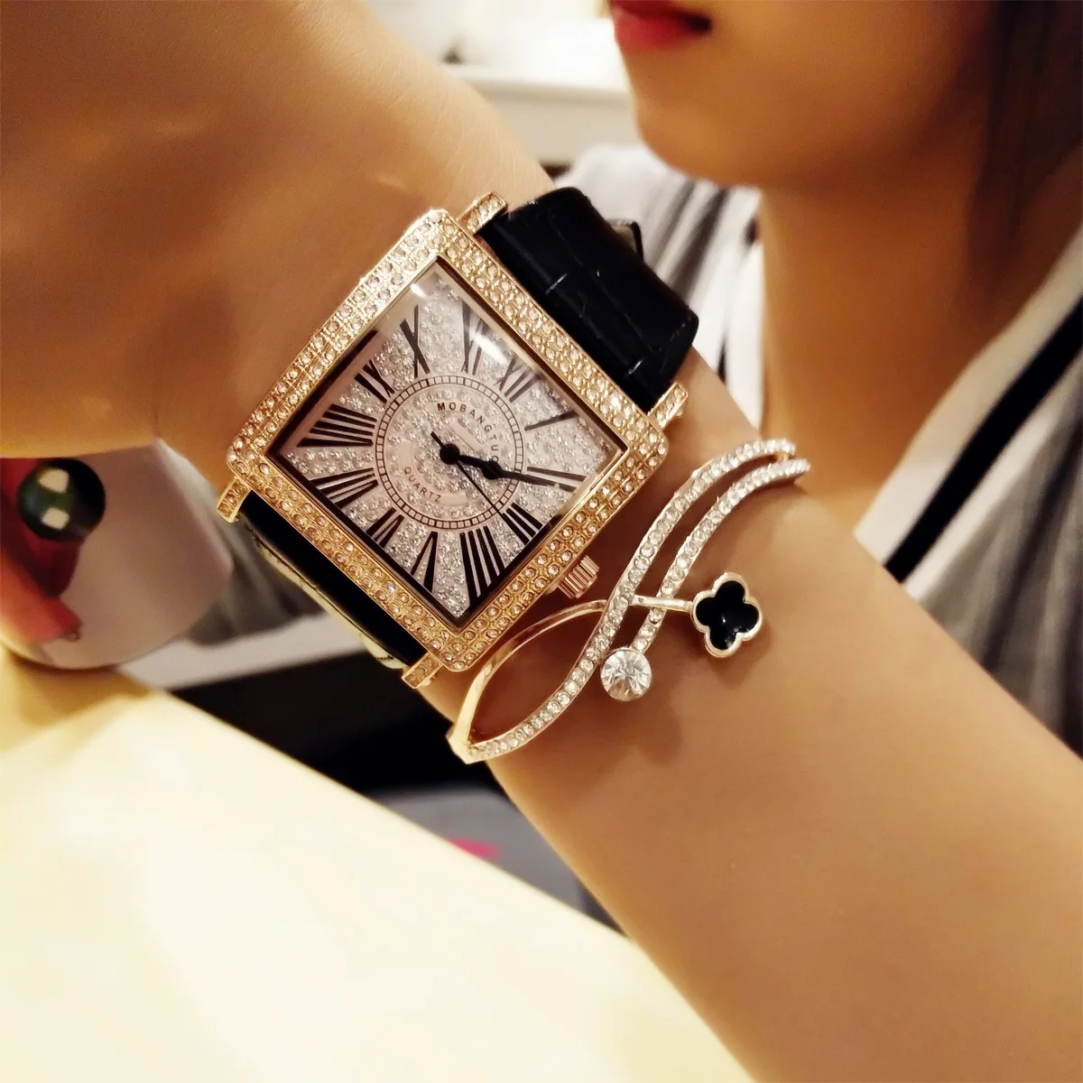 Mobangtuo Women Men Quartz Watch Square Rectangle Dial Orologio Genuine Leather Luxury Diamond Man Clock Ladies Male Wristwatch