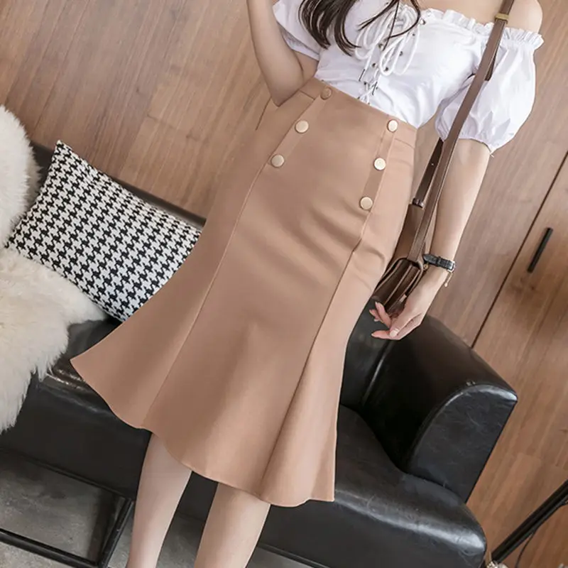 Korean Fashion Button Zipper Bag Hip Mermaid Skirt 2024 Summer New Elegant Office Lady Commute All-match High Waist Knee Skirts