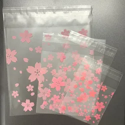 100pcs/lot 5 sizes Pink Flower Plastic Self Adhesive Cookie Packaging Bag Wedding Candy Gift Decoration Bag Biscuit Bag