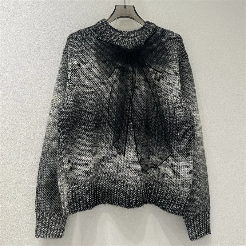 

Women's sweater 2025 Winter new elastic knitted slim fit long sleeved top Wool blend round neck pullover bow decoration Knitwear