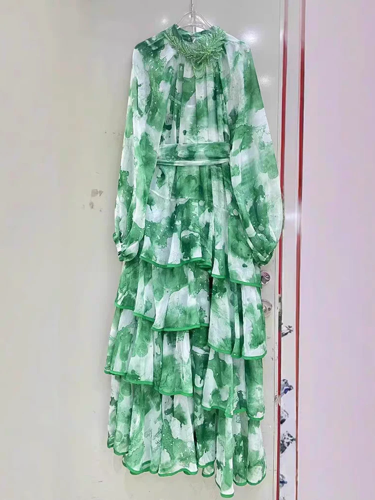 Retro-Kleid mit geometrischem Druck, Perlen, Rundhalsausschnitt und hoher Taille, 2025, Herbst-Damenmode, lockeres, mehrschichtiges, gerüschtes, bauschiges Kleid