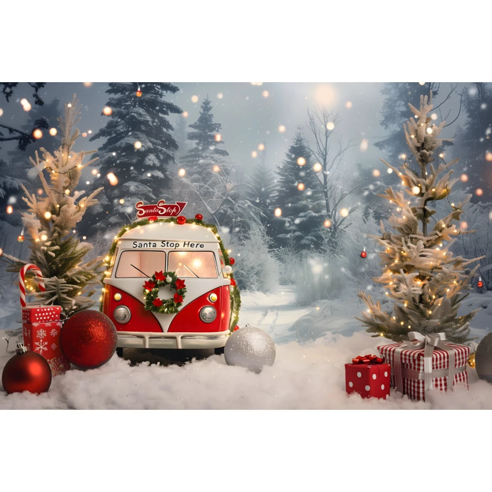 Christmas Forest Snow Scene Photography Background Retro Truck Xmas Tree Backdrop Candy Cane Gift Decor Family Photo Studio