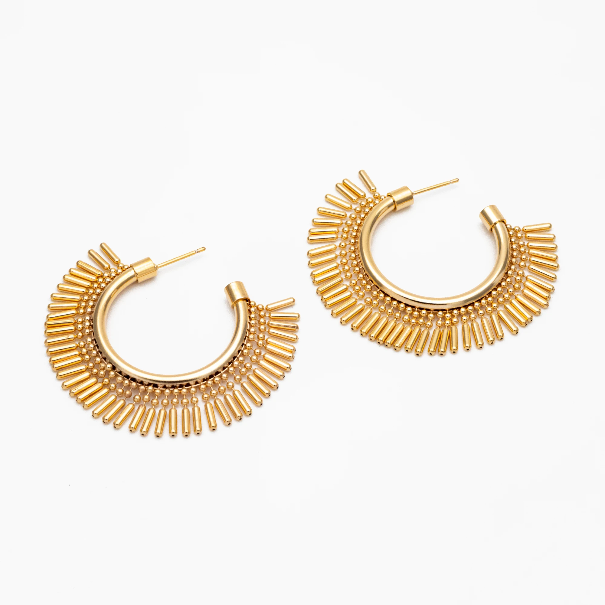 4pcs Gold Plated Brass Tassel Round Circle Hoop Stud Earrings 40mm (#GB-3804)