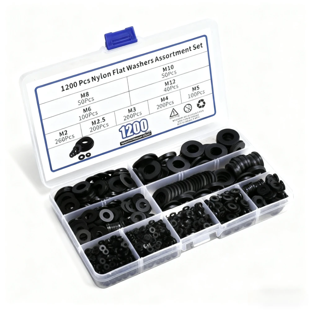 

1200pcs black Nylon Flat Washer Assortment Kit M2 M2.5 M3 M4 M5M6M8M10M12 sealing Spacer Insulation Gasket Ring shims for screws