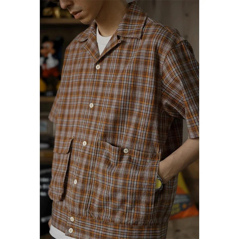 Second Order Open Collar Check Short-Sleeve Shirt Retro Seersucker Camp Shirt Men