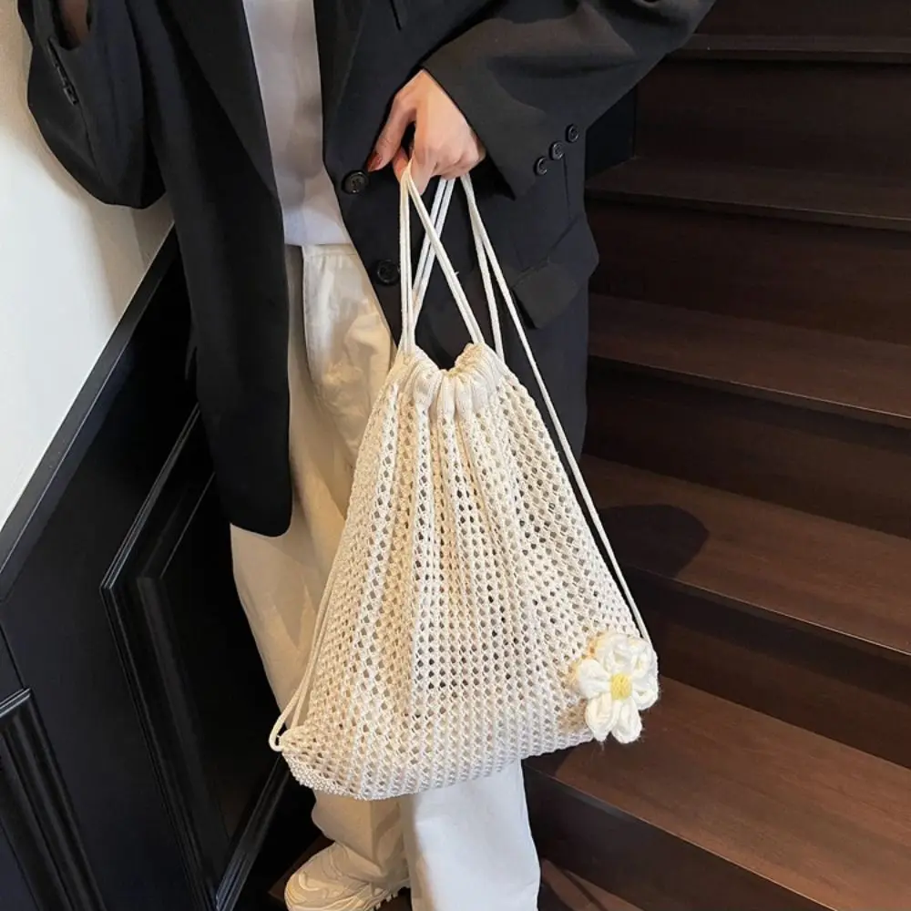 

Сплошной цвет Вязаная сумка на плечо Ленивый стиль Большой вместительный богемный вязаный крючком рюкзак Универсальный полый рюкзак