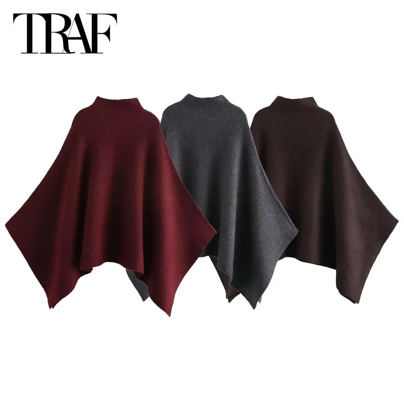 TRAF Asymmetric Knit Capes Women Autumn Burgundy Winter Cloak Woman Ponchos Loose Red Cape New Coats Warm Elegant Woman Poncho