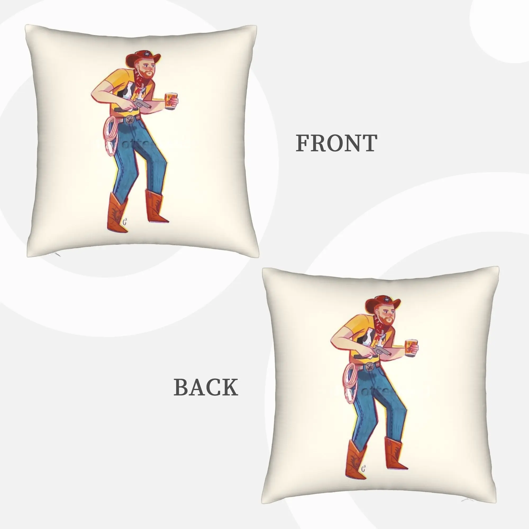 Cream Pillow Cover Illustration of Cowboy Holding Gun and Beer Print Cushion cover Square Decor 45x45cm18x18Inch