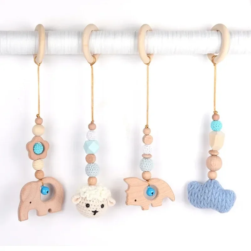 4Pcs Wooden Baby Toys Wooden Beech Activity Gym Frame Stroller Hanging Pendants Toys Teether Ring Nursing Rattle Toys Room Decor