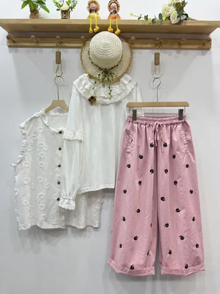 새로운 2025 여름 코튼 스트레이트 바지, 여성 탄성 허리 자수, 모리 걸 다목적 캐주얼 INS 루즈 한 바지 B54022CC