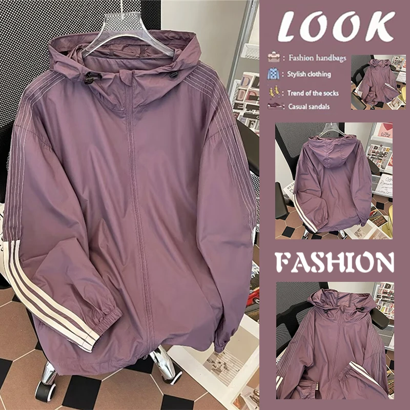 

Summer Outdoor Loose Fit Hooded Sun Protection Clothing Side Stripe Zipper Style Korean Version Long Sleeve Commute Ready