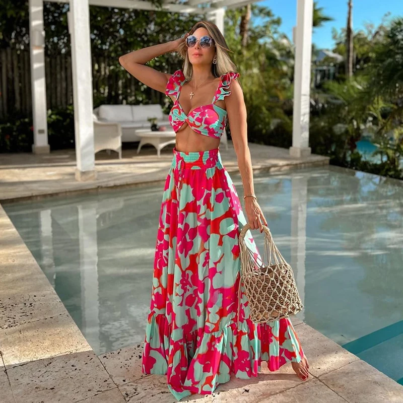 2024 Printed Ruffle Bikini and Skirt Vacation Swimwear Women Beachwear Clearance Wholesale